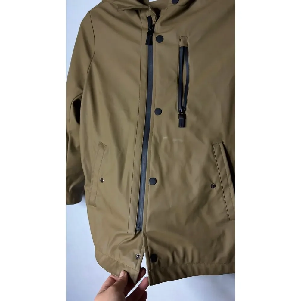 Zara unisex hooded tan full zip raincoat sz 10